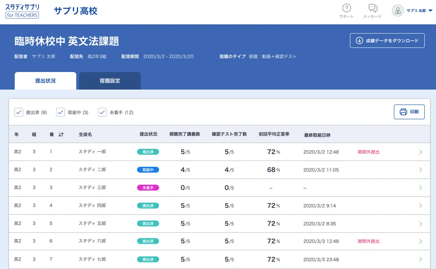 スタディサプリ for TEACHERS 管理画面例