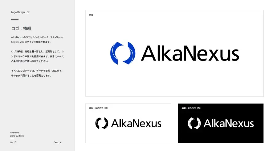 「AlkaNexus」ブランドガイドラインより|ロゴ:横組
