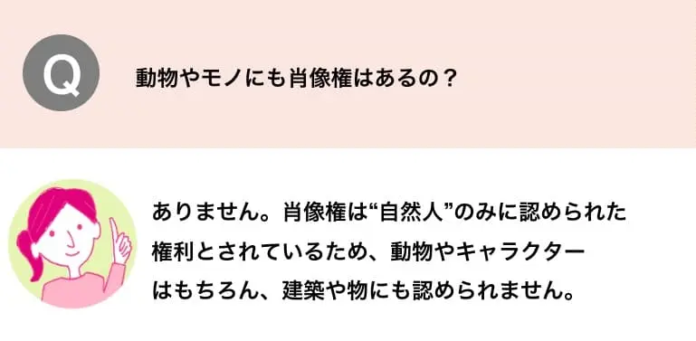 Q,動物やモノにも肖像権はあるの？　A.ありません。肖像権は自然人のみに認められた権利とされているため、動物やキャラクターはもちろん、建築や物にも認められません。