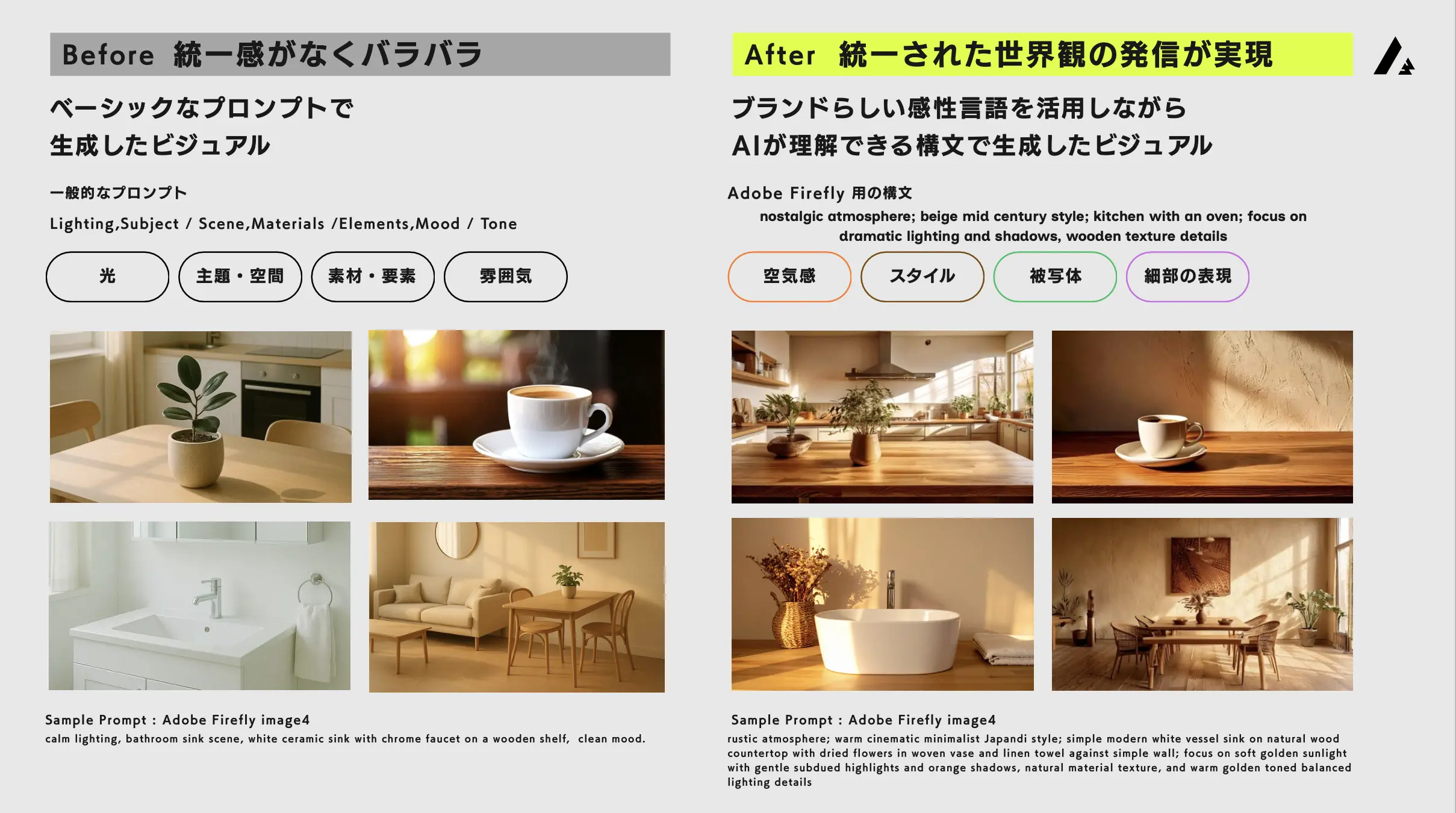 左がベーシックなプロンプトで生成したビジュアル、右がAIが理解できる言葉で構文化したプロンプト