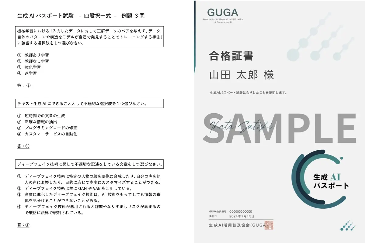 A sample question from the AI Passport Test (left) and a sample certificate (right). Both current as of August 2024.