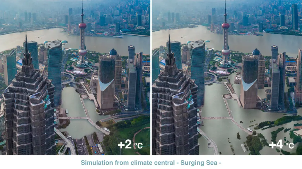 米環境NGO団体のClimate Centralによる海面上昇のシミュレーション