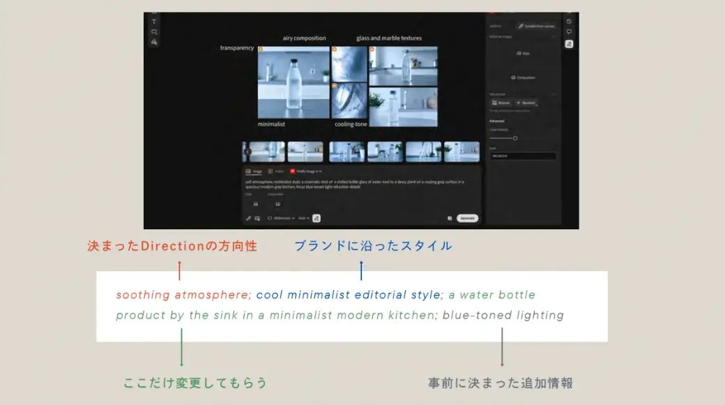 画像生成AIのプロンプトに必要な要素として定義するのが、ATMOSPHERE（感性言語）、STYLE（スタイル）、SUBJECT / ACTION（被写体）、LIGHTING（ライティング）の4つのモジュール