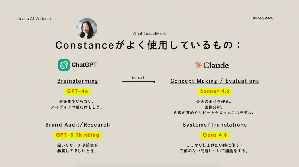 コンスタンス自身の基本的な流れは、ChatGPTで広く発散させたブレインストーミングの結果をClaudeにインポートし、収束・仕上げ・クオリティチェックへと引き継ぐというもの