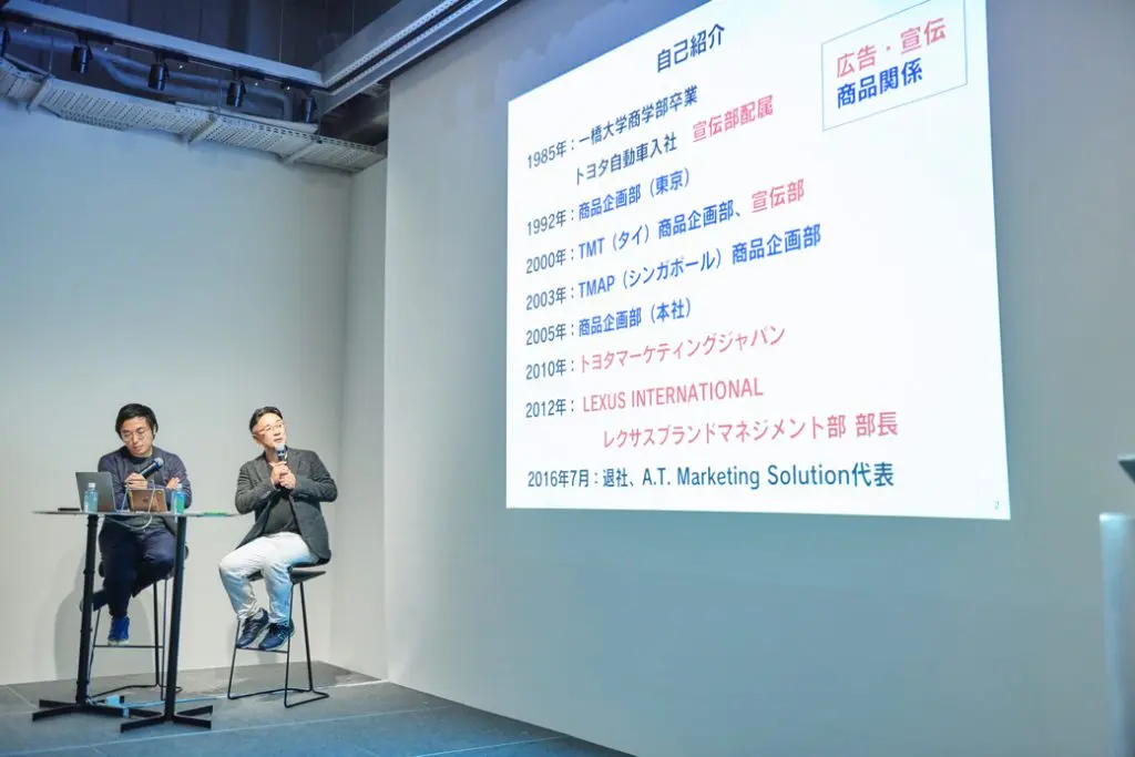 A.T.マーケティングソリューション代表の高田敦史さん（右）と、「H」編集長のタジリケイスケ