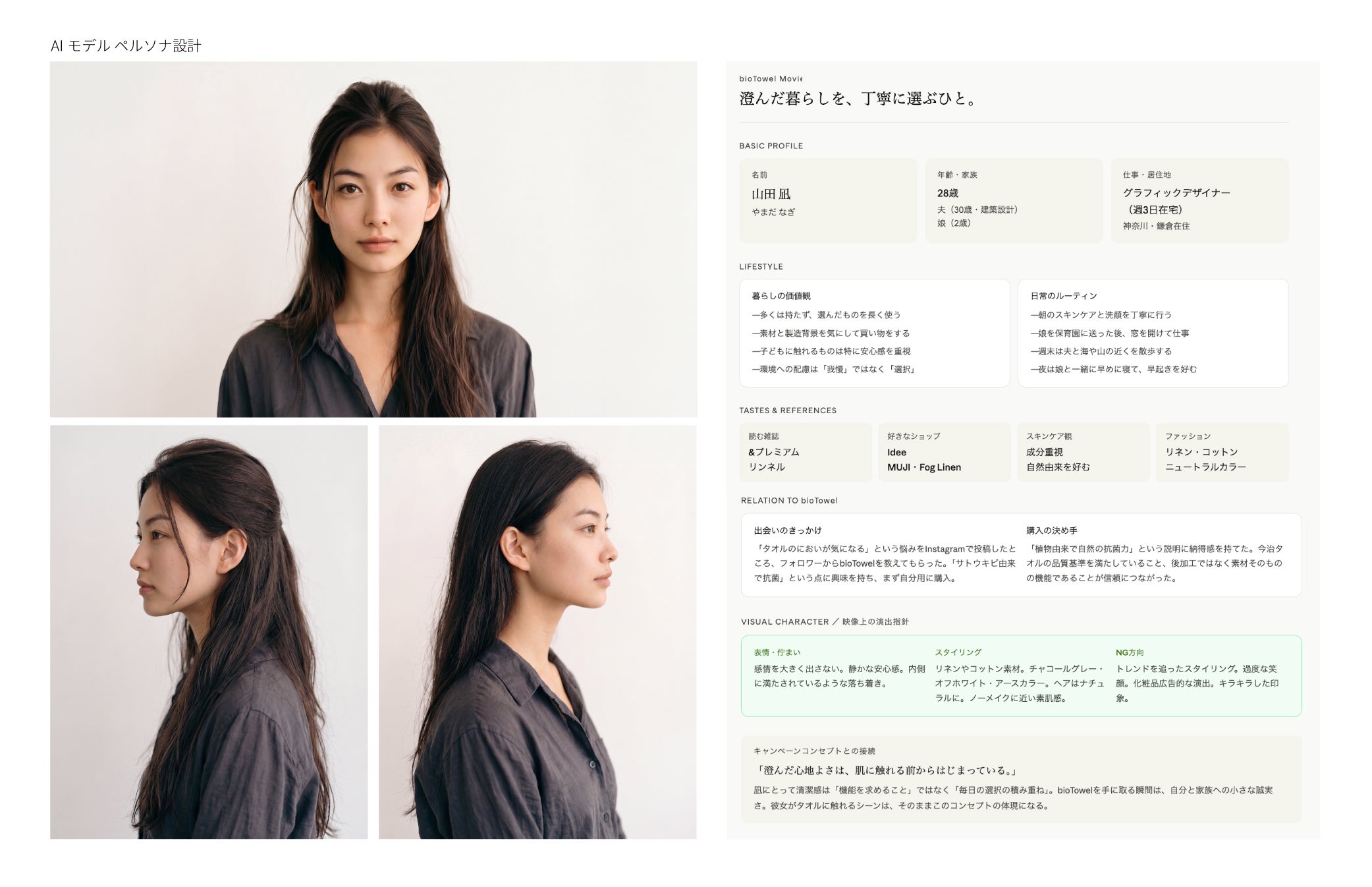 AIモデルのペルソナ設計書　人物の画像データと年齢や趣味などの設定